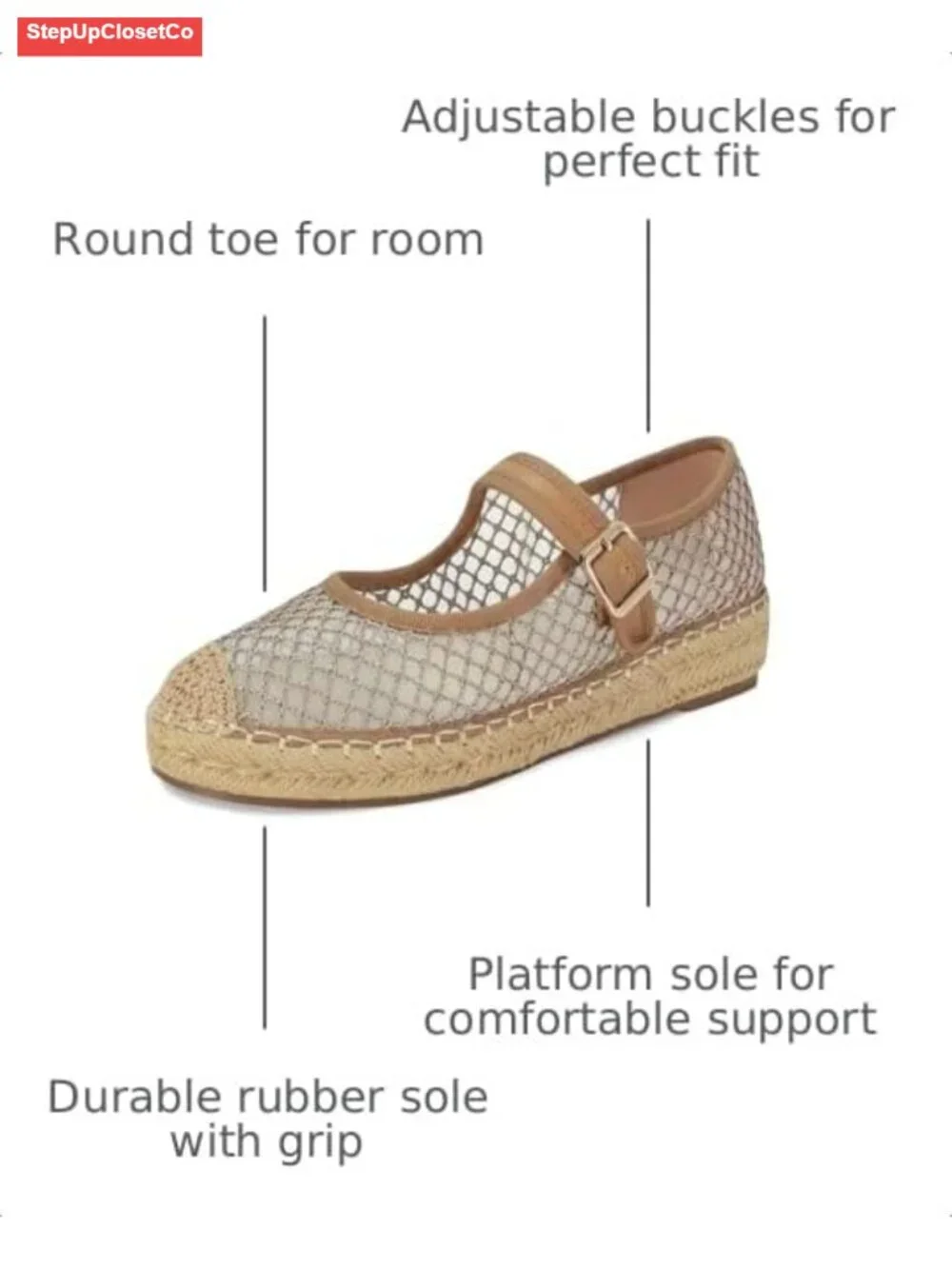 Woven Mesh Mary Jane Flats Espadrilles Platform Buckle Strap Comfort Dressy
